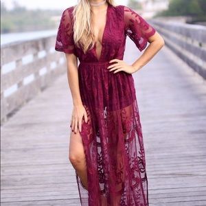 Wine colored Lace maxi romper